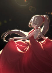 Rule 34 | 1girl, absurdres, alternate costume, azur lane, backless dress, backless outfit, brown hair, clothes lift, commentary request, dress, dress lift, hair between eyes, halter dress, halterneck, highres, jean bart (azur lane), lens flare, long hair, ningjuice, ponytail, red dress, red eyes, red scrunchie, scrunchie, solo, very long hair