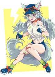 Rule 34 | 1girl, :d, animal ears, bandaid, bandaid on leg, blue footwear, blue gloves, blue headwear, blue shorts, collarbone, commentary request, eyewear on headwear, fang, full body, gloves, green socks, grey hair, highres, memenda mori, midriff, navel, open mouth, original, purple eyes, shirt, shoes, shorts, smile, socks, solo, sunglasses, tail, tied shirt, tongue, tongue out, white shirt, wolf, wolf girl, wolf tail