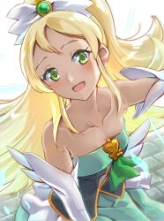 Rule 34 | 1girl, bare shoulders, blonde hair, breasts, brick floor, brooch, clear glass (mildmild1311), collarbone, dark skin, dress, elbow gloves, gloves, green dress, green eyes, hair between eyes, hair ornament, happinesscharge precure!, heart, heart brooch, highres, jewelry, long hair, looking at viewer, magical girl, open mouth, precure, small breasts, smile, solo, strapless, strapless dress, unknown green-haired cure (happinesscharge precure!), upper body