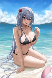 Rule 34 | 1girl, absurdres, arm support, ball, bare arms, bare shoulders, beach, beachball, bikini, black bikini, blue eyes, breasts, cleavage, closed mouth, collarbone, commission, day, flower, grey hair, hair flower, hair ornament, halterneck, hand up, highres, large breasts, long hair, looking at viewer, naughty face, navel, ocean, original, outdoors, pucohiiiii, rose, second-party source, sitting, skindentation, smile, solo, stomach, strap pull, string bikini, sweatdrop, swimsuit, thighs, tongue, tongue out, very long hair, yokozuwari