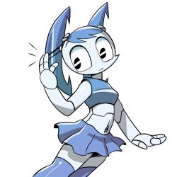 Rule 34 | 1girl, android, belly, black eyes, jenny wakeman, my life as a teenage robot, nickelodeon, no humans, robot, simple background, skirt, solo, twintails, white background