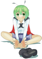 Rule 34 | 1girl, :&lt;, antennae, bad id, bad pixiv id, barefoot, buttons, cape, collarbone, dress shirt, feet, female focus, foreshortening, full body, green eyes, green hair, long sleeves, looking at viewer, matching hair/eyes, oyomesan, shadow, shirt, shoes, unworn shoes, short hair, shorts, simple background, sitting, solo, toes, touhou, white background, wriggle nightbug