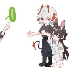 Rule 34 | 3girls, ahoge, amiya (arknights), animal ear fluff, animal ears, antennae, arknights, barefoot, black footwear, black pants, blue eyes, boots, bright pupils, brown hair, chinese text, closed mouth, commentary, demon tail, grey hair, grey shirt, hand on another&#039;s arm, highres, horns, kal&#039;tsit (arknights), long hair, molu stranger, multiple girls, off shoulder, oversized clothes, pants, rabbit ears, red eyes, scar, scar on arm, shirt, short hair, short sleeves, simple background, speech bubble, tail, translated, w (arknights), white background, white pupils, white shirt