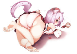 Rule 34 | 1girl, animal ears, ass, barefoot, detached sleeves, full body, hat, heart, highres, inubashiri momiji, leaf, leg up, legs, long sleeves, looking at viewer, looking back, lying, maple leaf, on stomach, panties, pink hair, pom pom (clothes), profile, red eyes, shirt, short hair, simple background, skirt, smile, solo, string, tail, takimoto yukari, the pose, tokin hat, touhou, underwear, white background, white panties, wide sleeves, wolf ears, wolf tail