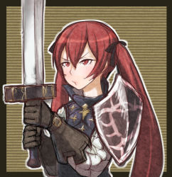 Rule 34 | 1girl, armor, black gloves, black ribbon, fire emblem, fire emblem fates, framed, gloves, hair ribbon, holding, holding sword, holding weapon, long hair, nintendo, o3o, outline, outside border, red eyes, red hair, ribbon, selena (fire emblem fates), severa (fire emblem), shield, sketch, solo, striped, striped background, sword, twintails, upper body, vertical stripes, wakai hiroshi, weapon, white outline