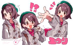 Rule 34 | !?, 1girl, @ @, absurdres, artist name, asatte 3z, blush, blush stickers, brown eyes, brown hair, cardigan, character name, closed mouth, commentary, creatures (company), dress, game freak, gloria (pokemon), green hat, grey cardigan, hand up, hat, heart, highres, long sleeves, looking to the side, nervous smile, nintendo, notice lines, open mouth, outstretched arm, pink dress, pokemon, pokemon swsh, short hair, simple background, smile, sweatdrop, tam o&#039; shanter, teeth, thought bubble, translated, upper teeth only, white background