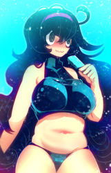 Rule 34 | 1girl, @ @, ahoge, alternate breast size, alternate costume, artist name, bare shoulders, big hair, black eyes, black panties, blue background, blue panties, blush, breasts, closed mouth, cowboy shot, creatures (company), female focus, food, game freak, hair between eyes, hairband, hakkasame, hand up, hex maniac (pokemon), highres, holding, large breasts, long hair, messy hair, navel, nintendo, nose blush, npc trainer, panties, pokemon, pokemon xy, popsicle, purple hair, purple hairband, signature, simple background, smile, solo, sports bra, standing, stomach, sweat, thick thighs, thighs, turtleneck, twitter username, underwear, very long hair, wavy mouth