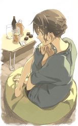 Rule 34 | 1girl, alcohol, barefoot, blue eyes, bottle, brown hair, chocolate, cup, drinking glass, looking back, seu kaname, shorts, sitting, solo, sweater, table