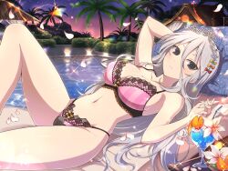 Rule 34 | 1girl, bikini, blue gemstone, blue hawaii, bow, breasts, bush, chair, cleavage, cup, deck chair, drink, drinking glass, drinking straw, falling petals, flower, food, fruit, gem, grapes, green eyes, grey hair, groin, hair between eyes, hair bow, highres, hut, lace, lace-trimmed bikini, lace trim, large breasts, long hair, looking at viewer, lounge chair, lying, navel, official alternate costume, official art, orange (fruit), orange bow, orange slice, palm leaf, palm tree, petals, pillow, pink bikini, pool, red bow, senkou (senran kagura), senran kagura, senran kagura new link, sky, solo, star (sky), starry sky, swimsuit, tiara, tree, tropical drink, white flower, yaegashi nan, yellow bow, yellow gemstone