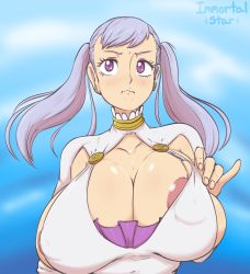 Rule 34 | 1girl, areola slip, black clover, blush, breasts, cleavage, earrings, female focus, highres, huge breasts, immortalstar, jewelry, large areolae, light purple hair, long hair, noelle silva, pale skin, purple eyes, solo, twintails, upper body