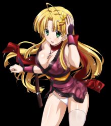 Rule 34 | 10s, 1girl, ahoge, arm up, asia argento, blonde hair, blush, breasts, cleavage, cowboy shot, floating hair, green eyes, hair ornament, high school dxd, japanese clothes, jewelry, key, key necklace, kimono, large breasts, long hair, looking at viewer, necklace, ninha, open mouth, panties, red scarf, scarf, short kimono, short yukata, solo, sparkle, standing, thighhighs, transparent background, underwear, very long hair, white panties, white thighhighs, yukata