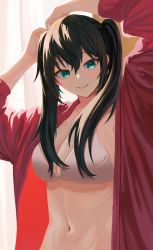 Rule 34 | 1girl, absurdres, adjusting hair, bad id, bad twitter id, bburi, black hair, borrowed character, bra, breasts, cleavage, green eyes, highres, large breasts, looking at viewer, mole, mole under eye, navel, open clothes, original, robe, smile, solo, twintails, underwear, upper body