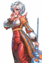 Rule 34 | 1girl, blue eyes, breasts, cleavage, colored skin, corset, dragon quest, dragon quest x, dress, mico (paleshelter), ogre (dq10), pink skin, short hair, solo, square enix, staff, wavy hair, white hair