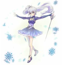 Rule 34 | &gt;:&lt;, 1girl, :&gt;, :&lt;, black footwear, blue dress, blue eyes, blue hair, blush, closed mouth, dress, full body, holding, holding sword, holding weapon, iesupa, long hair, looking at viewer, matching hair/eyes, outstretched arms, rapier, rwby, scar, shoes, side ponytail, sleeves past wrists, smile, snowflakes, solo, spread arms, sword, tsurime, v-shaped eyebrows, very long hair, weapon, weiss schnee, white background, white hair