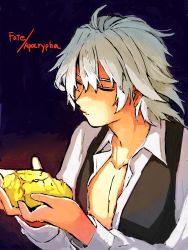 Rule 34 | 1boy, ahoge, bread, closed eyes, commentary, fate/apocrypha, fate (series), food, from side, highres, holding, holding food, long sleeves, male focus, open clothes, open shirt, shirt, short hair, sieg (fate), silver hair, solo, waistcoat, white shirt, x10-a