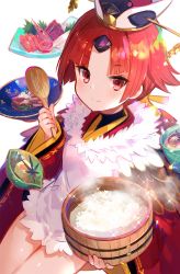 Rule 34 | 1girl, apron, benienma (fate), fate/grand order, fate (series), food, fuzichoco, highres, meat, ohitsu, parted bangs, red eyes, red hair, rice, shamoji, shrimp, smile, solo, soup, sparkle, wide sleeves