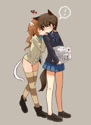 Rule 34 | !, 2girls, angela salas larrazabal, animal ears, blush, brown hair, cat ears, cat girl, cat tail, chikiso, closed eyes, grey background, heart, horse girl, imminent kiss, multiple girls, panties, paper, patricia schade, simple background, skirt, strike witches, strike witches: kurenai no majo-tachi, striped clothes, striped legwear, striped thighhighs, tail, thighhighs, underwear, world witches series, yellow eyes, yuri