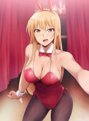 Rule 34 | 1girl, animal ears, armpits, bare shoulders, blonde hair, bow, bowtie, breasts, cleavage, curtains, detached collar, fake animal ears, feet out of frame, female focus, groin, highres, indoors, kaiga, large breasts, legs, leotard, long hair, looking at viewer, open mouth, original, outstretched arm, pantyhose, playboy bunny, rabbit ears, red eyes, red leotard, red neckwear, smile, solo, standing, thighs, wrist cuffs