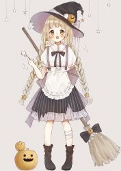 Rule 34 | 1girl, :o, absurdres, apron, arm behind back, black bow, black footwear, black hat, black skirt, blush, boots, bow, braid, broom, brown eyes, brown hair, commentary request, frilled apron, frills, full body, grey background, hand up, hat, highres, jack-o&#039;-lantern, long hair, low twintails, open mouth, original, pigeon-toed, shano-pirika, simple background, skirt, solo, standing, star (symbol), striped clothes, striped skirt, suspender skirt, suspenders, teeth, torn clothes, torn hat, twin braids, twintails, upper teeth only, vertical-striped clothes, vertical-striped skirt, very long hair, waist apron, white apron, witch, witch hat
