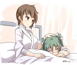 Rule 34 | 10s, 2girls, brown eyes, brown hair, commentary request, hair ribbon, hand on another&#039;s head, kaga (kancolle), kantai collection, multiple girls, ponytail, ribbon, sakimiya (inschool), short hair, side ponytail, smile, twintails, white ribbon, zuikaku (kancolle)
