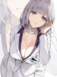 Rule 34 | 1girl, bandaged neck, bandages, breasts, cleavage, collarbone, formal, girls&#039; frontline, grey hair, highres, jacket, large breasts, long sleeves, looking at viewer, puffy long sleeves, puffy sleeves, purple shirt, rpk-16 (girls&#039; frontline), shirt, short hair, smile, solo, suit, upper body, white jacket, yu 416416