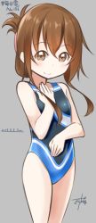 Rule 34 | 10s, 1girl, brown eyes, brown hair, competition swimsuit, dated, folded ponytail, grey background, gurande (g-size), hand on own chest, hand on own stomach, highres, inazuma (kancolle), kantai collection, lips, long hair, looking at viewer, one-piece swimsuit, signature, solo, standing, swimsuit