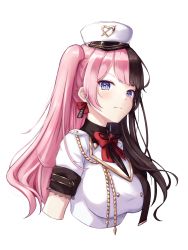 Rule 34 | 1girl, arrow through heart, black hair, blue eyes, bow, breasts, closed mouth, cropped torso, evanstan, frilled sleeves, frills, hat, highres, iris black games, large breasts, long hair, looking at viewer, medium breasts, multicolored hair, pink hair, red bow, ribbon, short sleeves, simple background, solo, split-color hair, tachibana hinano (vtuber), two-tone hair, upper body, virtual youtuber, vspo!, white background, white hat