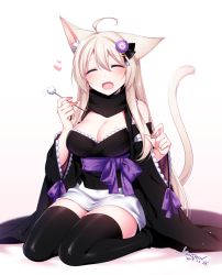 Rule 34 | 1girl, :d, ^ ^, ahoge, animal ears, artist name, black thighhighs, blush, breasts, cat ears, cat tail, cleavage, closed eyes, dated, detached sleeves, closed eyes, hair between eyes, hair ornament, japanese clothes, kimono, konshin, large breasts, long hair, long sleeves, looking at viewer, mimikaki, open mouth, original, phantasy star, phantasy star online 2, platinum blonde hair, sash, smile, solo, tail, thighhighs, wide sleeves