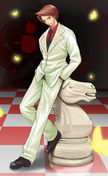 Rule 34 | 00s, 1boy, blood, blood splatter, bug, butterfly, checkered floor, chess piece, floor, formal, hand in pocket, insect, male focus, necktie, perspective, red hair, shoes, solo, suit, umineko no naku koro ni, ushiromiya battler