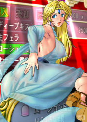 Rule 34 | 1girl, anus, artist name, ass, ass grab, bare shoulders, blonde hair, blue dress, blue eyes, blurry, blurry background, breasts, capcom, censored, circlet, condom, covered erect nipples, dress, earrings, female focus, functionally nude, hand on own ass, high heels, highres, jewelry, large breasts, leg up, long hair, looking at viewer, looking back, lost worlds (game), mosaic censoring, nipples, no bra, no panties, open mouth, pointless censoring, puffy areolae, qkat (arikawa-dou), see-through, smile, solo, sylphie, translation request