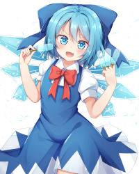 Rule 34 | 1girl, :d, blue bow, blue dress, blue eyes, blue hair, bow, bowtie, cirno, commentary request, dress, food, hair bow, holding, holding food, ice, ice wings, looking at viewer, open mouth, popsicle, red bow, red bowtie, rururiaru, short sleeves, simple background, smile, solo, touhou, white background, wings