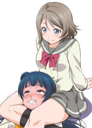 Rule 34 | 10s, 2girls, arm support, asphyxiation, black socks, blue eyes, blue hair, blush, brown hair, choke hold, clenched teeth, commentary request, drooling, foaming at the mouth, full-face blush, grey hair, hair bun, headscissor, kneehighs, long hair, looking at another, looking down, love live!, love live! sunshine!!, multiple girls, purple eyes, rolling eyes, runny nose, saliva, scissorhold, short hair, simple background, single hair bun, smile, snot, socks, strangling, tears, teeth, trembling, tsushima yoshiko, watanabe you, white background, youkan