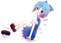 Rule 34 | 1girl, blue hair, blush, cirno, hinata ichi, ice, ice wings, looking back, open mouth, shoes, single shoe, sitting, socks, solo, touhou, wings