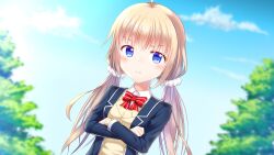 1girl :t ahoge black_jacket blonde_hair blue_eyes blue_sky blurry blurry_background blush bow bowtie cardigan cloud commentary crossed_arms day dot_nose frown getsuyoshi hair_ornament hair_scrunchie highres itsumura_haruka jacket long_hair long_sleeves looking_at_viewer low_twintails outdoors pout re:stage! red_bow red_bowtie scrunchie sky solo striped_bow striped_bowtie striped_clothes textless_version tree twintails white_scrunchie yellow_cardigan