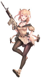 Rule 34 | 1girl, absurdres, assault rifle, bare shoulders, black gloves, black pantyhose, blush, boots, breasts, brown footwear, brown shirt, brown skirt, collarbone, commentary, fangs, fn scar, fn scar 17, full body, fur-trimmed boots, fur trim, gloves, gun, hair between eyes, hair ornament, hand on own hip, highres, holding, holding gun, holding weapon, icefurs, light brown hair, long sleeves, looking at viewer, medium breasts, off-shoulder shirt, off shoulder, open mouth, original, pantyhose, partially fingerless gloves, pleated skirt, puffy long sleeves, puffy sleeves, red eyes, rifle, shirt, simple background, skirt, solo, trigger discipline, two side up, weapon, white background