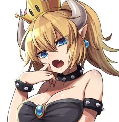 Rule 34 | 1girl, bad id, bad twitter id, bare shoulders, blonde hair, blue eyes, bowsette, breasts, cleavage, fang, horns, kozakura (dictionary), large breasts, long hair, mario (series), new super mario bros. u deluxe, nintendo, open mouth, pointy ears, simple background, solo, upper body, white background