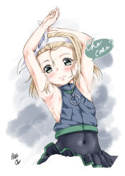 Rule 34 | 1girl, armpits, arms up, blonde hair, bodysuit, covered navel, cowboy shot, diving suit, green eyes, hairband, highres, italian text, kantai collection, looking at viewer, luigi torelli (kancolle), short hair, skirt, solo, tsukineko, wetsuit, white hairband