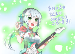 Rule 34 | 1girl, blush, bow, center frills, choker, clothing request, corset, electric guitar, frilled shirt, frills, green bow, green eyes, guitar, hair bow, hand up, headset, highres, hizuki miu, hizukichi (windplay), holding, holding instrument, idol clothes, instrument, long hair, multicolored clothes, music, musical note, musical note print, open mouth, pink bow, pink choker, playing instrument, plectrum, shirt, shoulder strap, side ponytail, sidelocks, silver hair, sleeveless, sleeveless shirt, smile, solo, translation request, triangle hair ornament, underbust, virtual youtuber, wactor production, white shirt, wristband