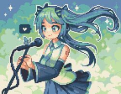 Rule 34 | 1girl, aqua eyes, aqua hair, aqua necktie, black sleeves, blue necktie, blue skirt, bug, butterfly, commentary, detached sleeves, english commentary, floating hair, hatsune miku, heart, holding, holding microphone stand, insect, long hair, makorie, microphone stand, necktie, pixel art, pleated skirt, shirt, skirt, sleeveless, sleeveless shirt, smile, solo, speech bubble, vocaloid