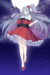 Rule 34 | 1girl, bare shoulders, black ribbon, blue eyes, capelet, commentary request, demon wings, dress, frilled skirt, frills, glowing, grey hair, hair bobbles, hair ornament, highres, long hair, miso inpakuto, moon, multiple wings, mystic square, paid reward available, red dress, red footwear, ribbon, shinki (touhou), skirt, sky, sleeveless, solo, star (sky), starry sky, touhou, touhou (pc-98), wings