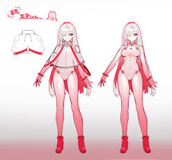 Rule 34 | 1girl, armored core, armored core 6, ayre (armored core 6), baniran dorosu, bracelet, breasts, unworn clothes, covered navel, gradient background, hair intakes, hair over one eye, high heels, jewelry, long hair, looking at viewer, medium breasts, multiple views, personification, red background, red eyes, red footwear, simple background, skin tight, straight hair, very long hair, white background, white hair