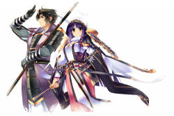 Rule 34 | 1boy, 1girl, ahoge, armor, arms up, black hair, breastplate, brown eyes, cowboy shot, dragonmaterial, dress, dual wielding, highres, holding, holding sword, holding weapon, japanese armor, long hair, long sleeves, looking at viewer, sheath, sheathed, shoulder pads, simple background, snowing, standing, sword, tsurime, weapon, white background, white dress