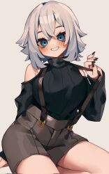 Rule 34 | 1girl, aridonall, black nails, black sweater, blue eyes, blush, breasts, brown shorts, clothing cutout, commentary, commission, corrupted twitter file, english commentary, grey hair, head tilt, highres, large breasts, looking at viewer, nail polish, original, parted lips, ribbed sweater, shorts, shoulder cutout, sitting, sleeves past wrists, smile, solo, suspenders pull, sweater