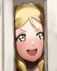 Rule 34 | a1 (initial-g), birthday, blonde hair, braid, broken door, crown braid, evil smile, eyelashes, glance, green eyes, hair rings, here&#039;s johnny! (meme), hole in wall, looking to the side, love live!, love live! sunshine!!, meme, ohara mari, parody, portrait, smile, solo, the shining, v-shaped eyebrows, yellow eyes
