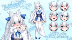 Rule 34 | animal ears, annoyed, artist name, black eyes, blue bow, blue bowtie, blue eyes, blue footwear, blue shirt, blue skirt, blush, bow, bowtie, breasts, character sheet, commentary, english commentary, expression chart, expressions, full body, hair ornament, highres, indie virtual youtuber, large breasts, long hair, lumi (merryweather), miniskirt, multicolored clothes, multicolored skirt, multiple views, no pupils, official art, pouch, puffy sleeves, red eyes, shirt, shoes, skirt, smile, smirk, standing, star (symbol), star in eye, staring, symbol in eye, tail, thighhighs, tongue, tongue out, virtual youtuber, waving, white bow, white bowtie, white hair, white shirt, white skirt, white thighhighs, wolf ears, wolf girl, wolf tail, yuniiho