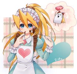 Rule 34 | 1girl, alternate costume, apron, baking, blonde hair, blue eyes, breasts, chocolate, ciel (mega man), collared shirt, dress, finger to mouth, frilled dress, frilled hairband, frills, hairband, heart, long hair, long sleeves, mega man (series), mega man x (series), mega man x dive, mega man zero (series), open mouth, ponytail, sakuraba (cerisier x), shirt, simple background, small breasts, tasting, thought bubble, valentine, zero(z) (mega man), zero (mega man)
