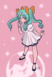 Rule 34 | 1girl, absurdres, dress, earth (planet), finger to mouth, green eyes, green hair, hatsune miku, highres, megrocks, pink background, planet, smile, standing, vocaloid, white dress