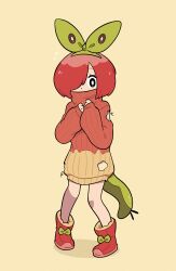 Rule 34 | 1girl, absurdres, applin, boots, commentary, covered mouth, creatures (company), doodlelotl, dot nose, full body, game freak, gen 8 pokemon, green hairband, hair over one eye, hairband, highres, nintendo, personification, pokemon, red footwear, red hair, red sweater, short hair, simple background, solo, sweater, symbol-only commentary, tail, turtleneck, turtleneck sweater, two-tone sweater, yellow background, yellow sweater