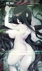 Rule 34 | 1girl, absurdres, ass, black hair, breasts, censored, completely nude, from behind, hair over eyes, highres, large breasts, long hair, nude, open mouth, pale skin, screen, sideboob, slugbox, solo, sweat, the ring, tongue, tongue out, very long hair, yamamura sadako