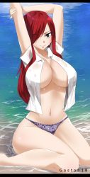 Rule 34 | 1girl, absurdres, beach, bikini, bikini bottom only, breasts, brown eyes, cleavage, curvy, day, erza scarlet, eyes visible through hair, fairy tail, gaston18, hair over one eye, highres, in water, large breasts, long hair, looking at viewer, navel, no bra, ocean, open clothes, open shirt, outdoors, red hair, shirt, sitting, smile, solo, stomach, stretching, swimsuit, thighs, water, wet, wide hips